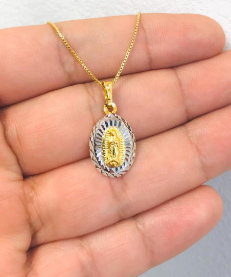 18K Gold Filled Diamond Cut Guadalupe Necklace Box Link 20x13mm 20"  / Cadena y Dije de Guadalupe