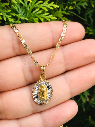 14K Gold Filled Virgen de Guadalupe Necklace Pendant Charm 20x13mm Diamlond Cut Pendant Guadalupe Charm / Cadena de Guadalupe Oro Laminado