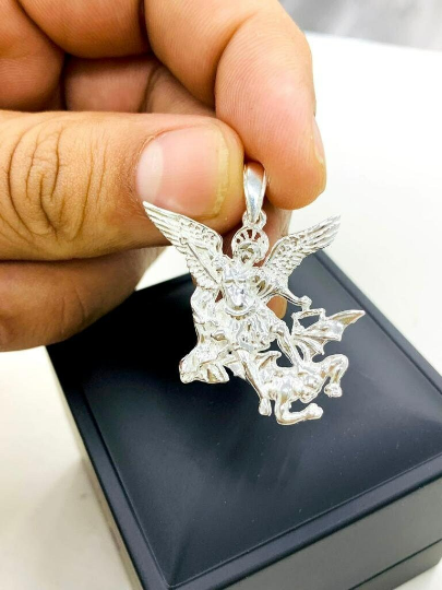 925 Sterling Silver Saint Michael Pendant Charm 35x27mm San Miguel Arcángel Dije