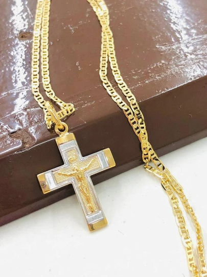 Jesus Cross Necklace with Mariner Link Chain 18" for Ladies Womens Boys Crucifix Cross Necklace Cadena de Cruz Everyday Cross Pendant