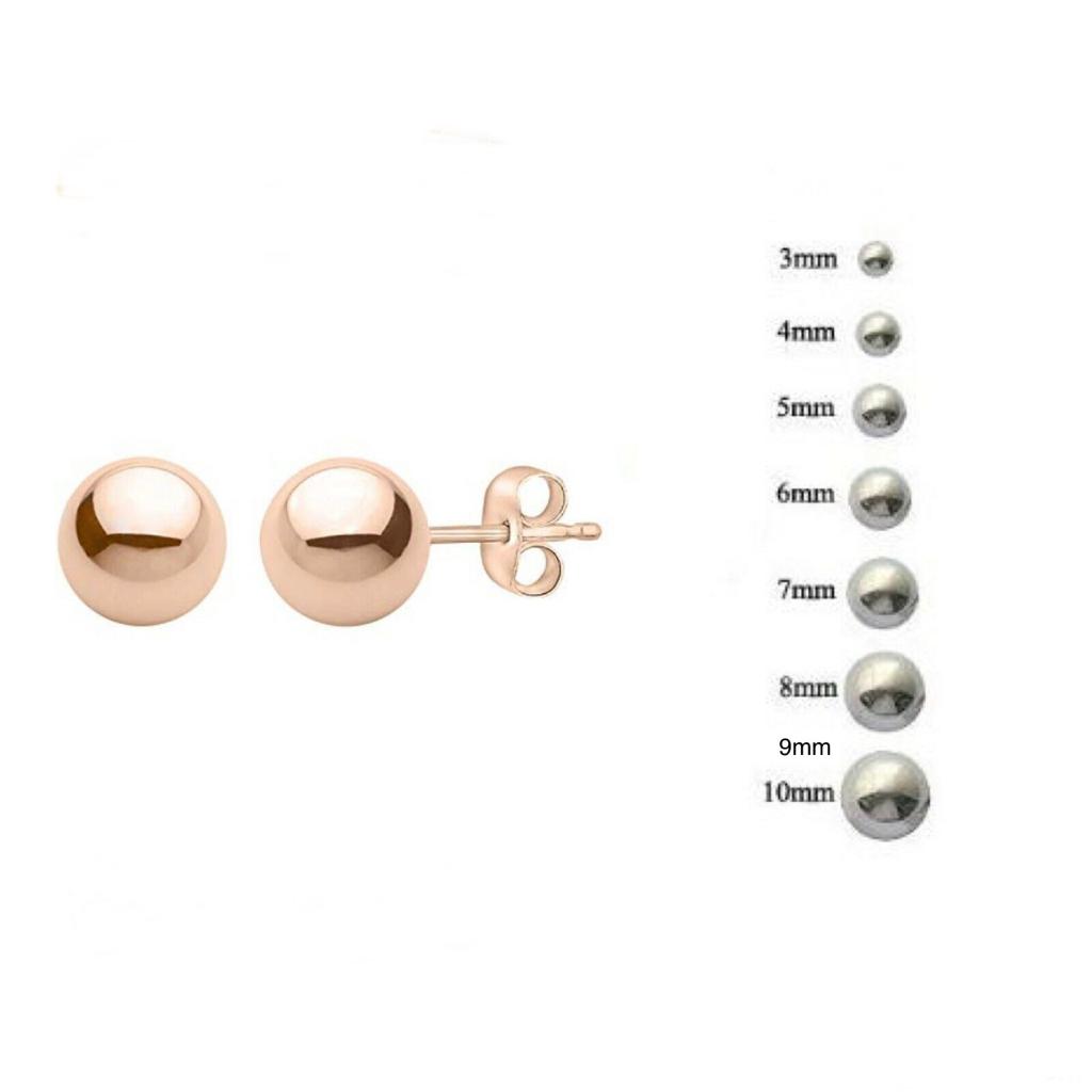 14K Rose Gold Ball Stud Earrings With Push Back 3mm to 10mm / Stud Earrings for Womens Kids / Everyday Earrings / Aretes de Oro Real Rosado Para Mujer y Niños