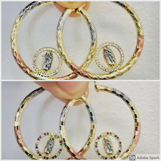 18k Real Gold Filled Tri-Color Virgen de Guadalupe Hoop Earrings 42x38mm