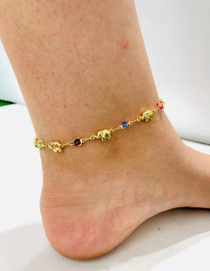 Elephant Multi Color Anklet Bracelet 10" in Gold Filled/ Elephant Bracelet for Foot / Womens Body Jewelry / Womens Jewelry / Pulsera de Pie