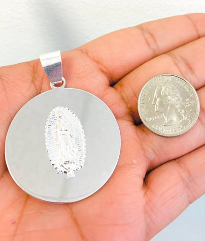 925 Sterling Silver Virgen de Guadalupe Pendant 1.8"x1.6" 19.5g