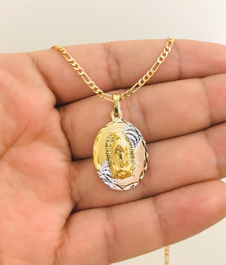 14K Gold Filled Tri-Color Guadalupe Necklace 20" Catholics Pendant 26x18mm , Dije de Guadalupe , Cadena Figaro Link, Regalos Navidad