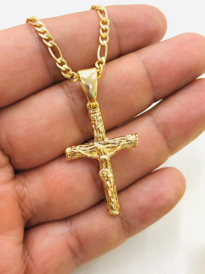 Rustic Cross Necklace for Mens Figaro Chain 36x23mm/Figaro Chain Necklace 24"/Mens Cross Necklace/Cadena y Dije de Cruz Oro para Hombre