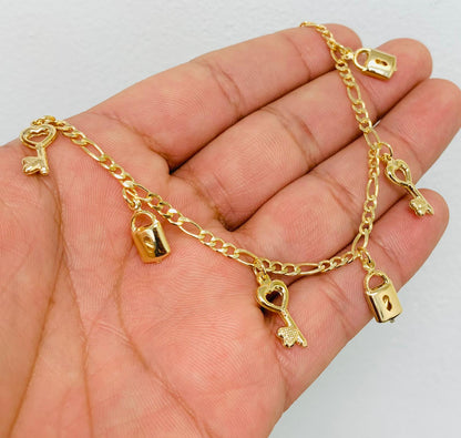 18K Gold Filled Key Lock Anklet Bracelet10" / Figaro Link Anklet Bracelet / Women's Bracelet / Tobillera Para Mujer en Oro Laminado / Pulsera de Pie / Bracelets / Anklets