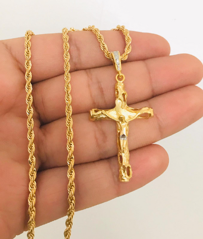 18K Gold Filled Cross Necklace, Religious Necklace 24" Cross Pendant 43x26mm