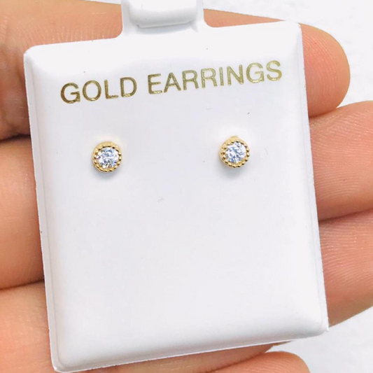 10K Real Yellow Gold Men/Women Stud Earrings With Round CZ Stones, Push Back