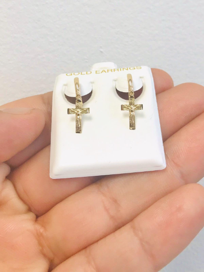 Cross Dangling Earrings / 10K Yellow Gold Jesus Cross Dangling Earrings