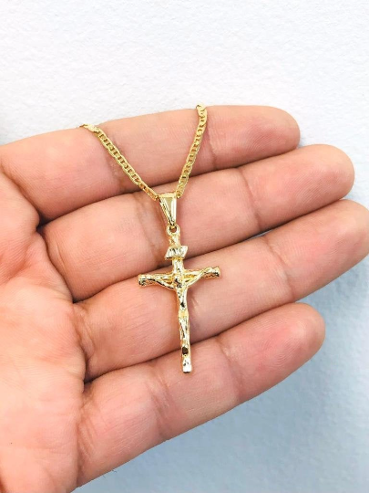 14K Gold Filled Cross Necklace for Men's 20" - Crucifix Pendant 33x18mm - Cross Pendant - Dije de Cruz - Mariner Link Chain 20"