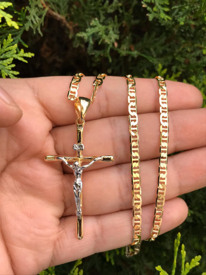 14K Gold Filled Big Cross Necklace Pendant Two Tone 48x28mm / Mens Cross Necklace / Cadena y Dije de Cruz