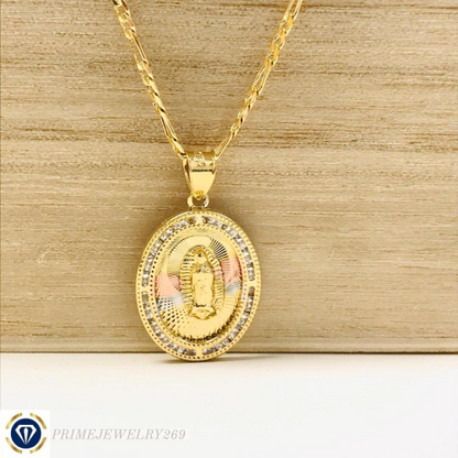 14K Gold Filled Virgen de Guadalupe Pendant Necklace 24x18mm CZ Stones Pendant / Dije de Guadalupe y Cadena Figaro Link