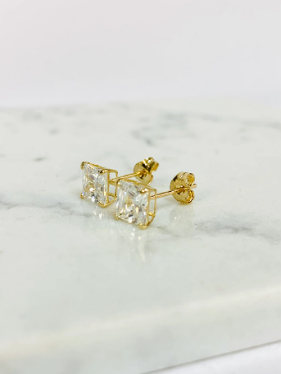 CZ Square Stud Earrings 10K Solid Yellow Gold For Womens Mens Kids / Aretes de Oro Solido 10K para Mujer / Studs Earrings / Daily Earrings.