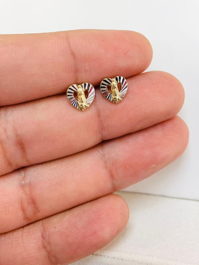 14K Yellow/White Gold Virgen de Guadalupe Heart Baby Earrings Screw Back Two Tone 8x8mm