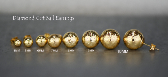 14k Yellow Real Gold Diamond Cut Ball Stud Earrings Push Back for Womens Kids Mens / Aretes de Bolitas Oro Solido