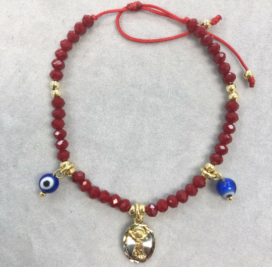 18K Gold Filled Divino Niño Bracelet for Kids Womens Ladies Boys Good Luck & Protection Jewelry Red Beads / Pulsera del Divino Niño en Oro Laminado Para Mujer y Niños para Buena Suerte