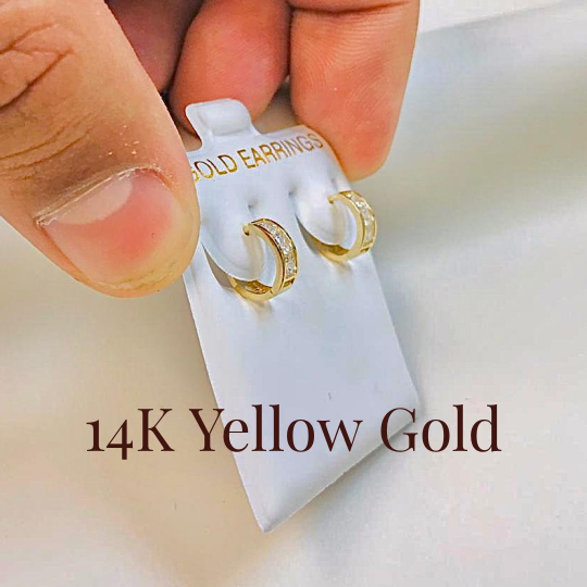 14k Yellow/White Gold Princess Cut CZ Huggies Hoop Earrings for Womens Mens / Womens Jewelry Earrings for Everyday / Aretes Argollas en Oro Solido Real 14K