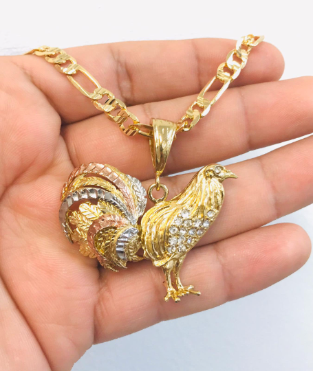 18K Gold Filled Chicken Rooster Necklace 24” Figaro Chain 33x45mm / Chicken Rooster Pendant Jewelry For Mens / Cadena y Dije de Gallo en OroHombre