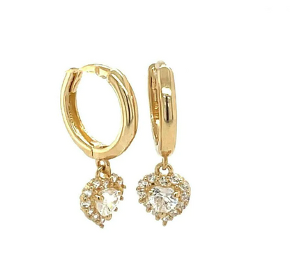 14K Yellow Gold CZ Drop Dangle Huggies Hoop Earrings Heart Earrings for Womens