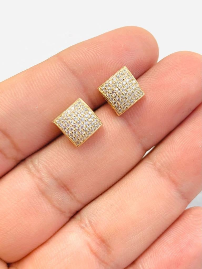 CZ Stud Gold Earrings Push Back / 10K Solid Yellow Gold Womens Earrings 9x9mm