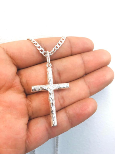 Men's Cross Necklace 24” Rustic Style Cross 925 Sterling Silver Cross Pendant