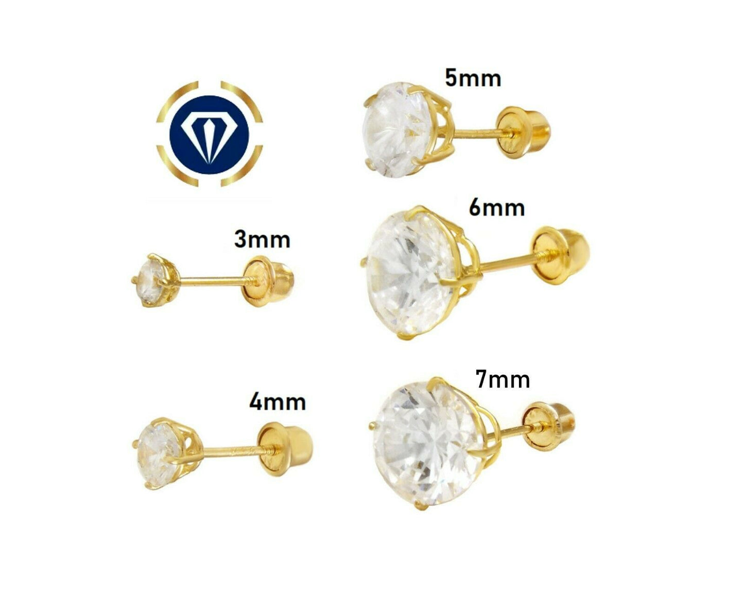 CZ Stud Round Solitaire Earrings Screw Back Solid 10K Gold Earrings Womens Mens Everyday Dainty Earrings Aretes de Oro 10K Para Mujer Hombre y Niños