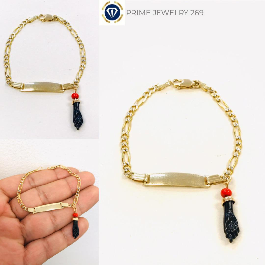 14K Yellow and White Gold Figaro Chain Baby ID Bracelet Azabache Kids Jewelry / Pulsera en Oro Real Para Niños de Azabache