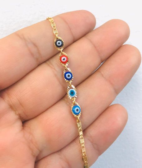 Newborn Baby/Childrens Boys/Girls Gold Filled Evil Eye Baby Bracelet Luck Valentino Link / Pulsera Mal de Ojo Pra Ninos Mujeres Hombres Oro Laminado