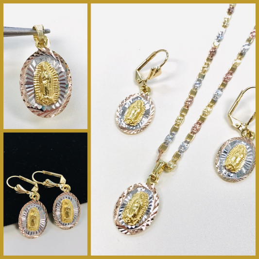 Set Virgen de Guadalupe Necklace and Earrings Tri Color Diamond Cut 20" / Virgin of Guadalupe Necklace/ Guadalupe Earrings / Cadena de la Guadalupe con Aretes