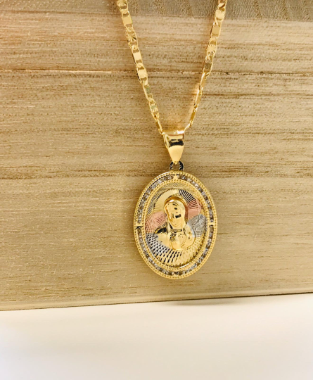 14K Gold Filled Virgin Mary Necklace Set 20", Tri-Color Pendant With CZ Diamond 28x20mm / Everyday Necklace/ Virgen Mary Pendant / Dije de la Virgen Maria