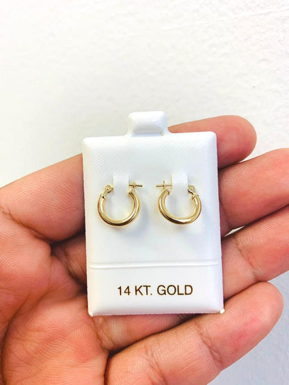 14K Yellow Gold Hoop Earrings 12x12mm 2mm / 14K Gold Earrings For Girls Children / Aretes Argollas para Niña de Oro Real 14k