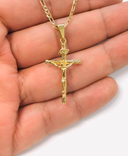 Gold Filled Cross Necklace / Figaro Link Chain For Men Women / Cross / Necklace – primejewelry269