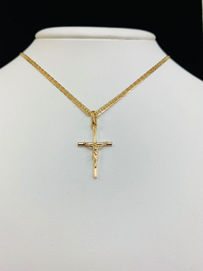 Tube Cross Pendant Necklace for Womens in Gold Filled Jesus Christ Charm 24x14mm / Dainty Cross Pendant with Mariner Chain / Cadena con Dije de Cruz en Oro