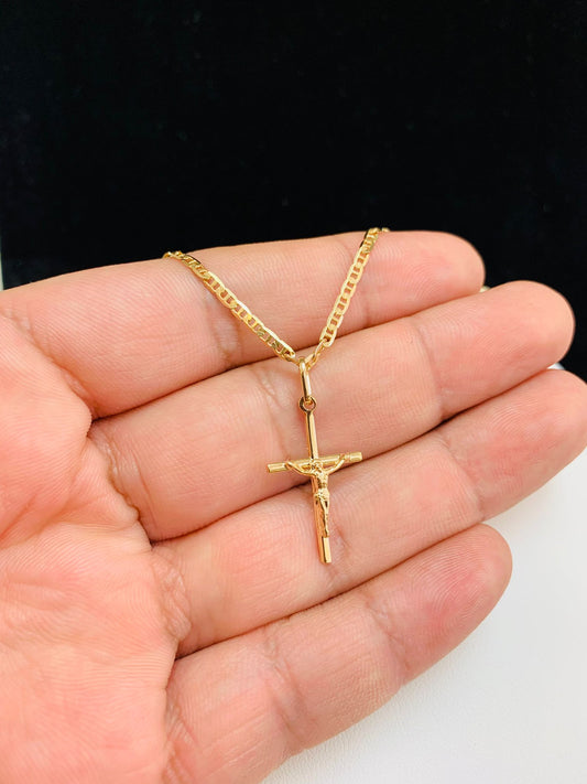 Tube Cross Pendant Necklace for Womens in Gold Filled Jesus Christ Charm 24x14mm / Dainty Cross Pendant with Mariner Chain / Cadena con Dije de Cruz en Oro