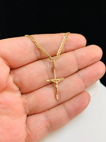 Tube Cross Pendant Necklace for Womens in Gold Filled Jesus Christ Charm 24x14mm / Dainty Cross Pendant with Mariner Chain / Cadena con Dije de Cruz en Oro