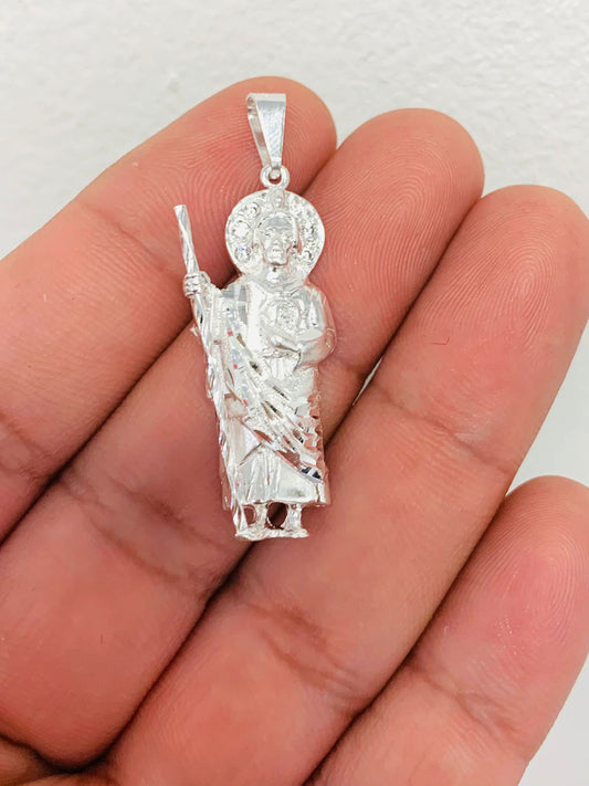 925 Sterling Silver CZ San Judas Pendant 1.5" 5g Unisex / Dije de San Judas en Plata Pura