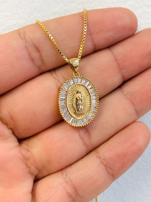 Virgen De Guadalupe Necklace Box Link Chain 14K Gold Filled For Womens Girls Gifts