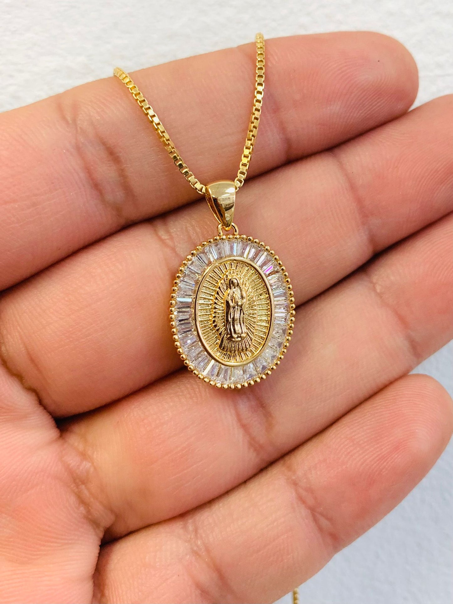 Virgen De Guadalupe Necklace Box Link Chain 14K Gold Filled For Womens Girls Gifts