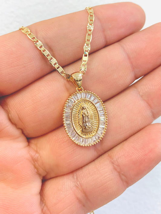 14K Yellow Gold Filled Virgen De Guadalupe Necklace CZ Valentino Chain Womens Gifts