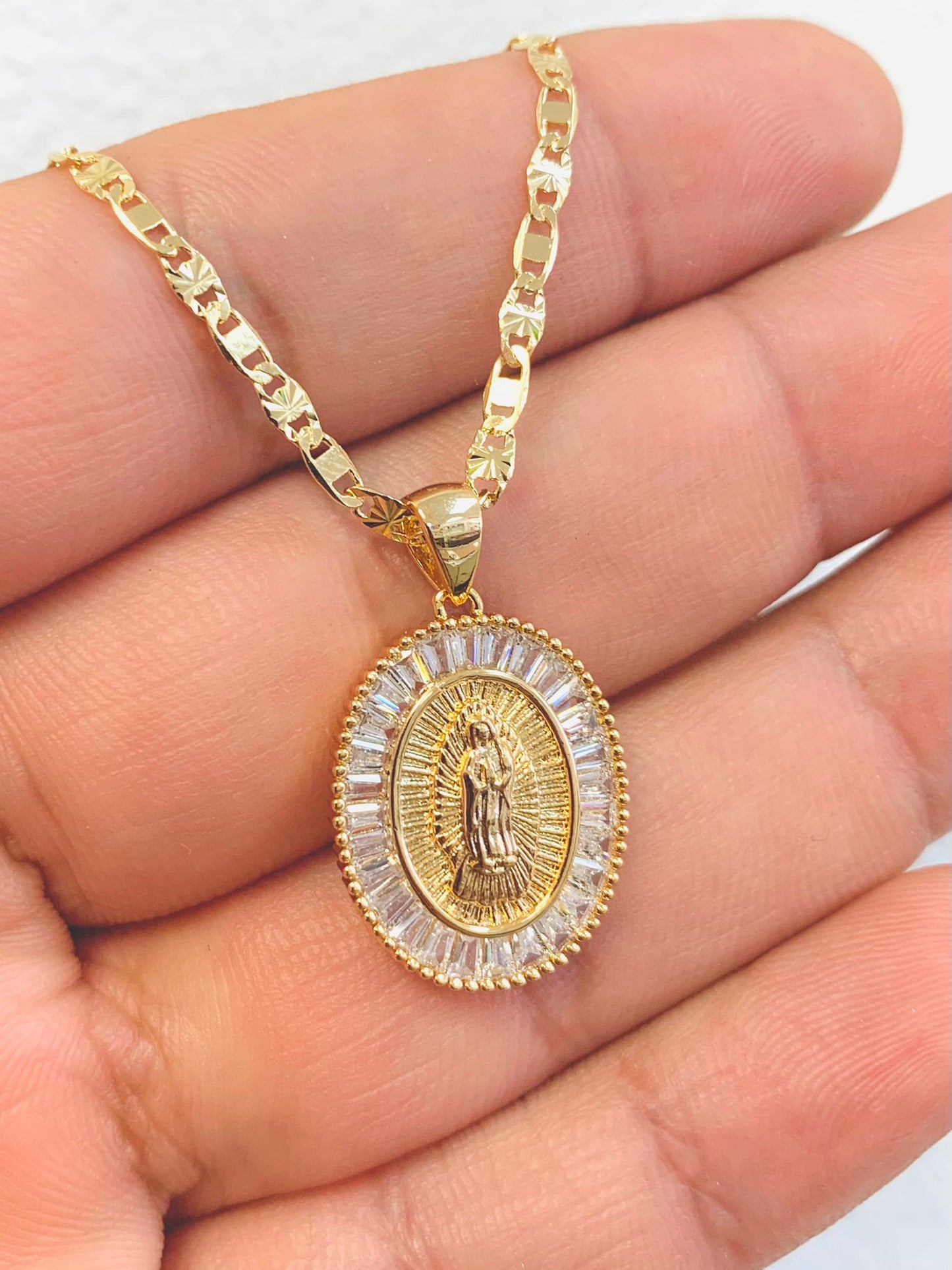 14K Yellow Gold Filled Virgen De Guadalupe Necklace CZ Valentino Chain Womens Gifts