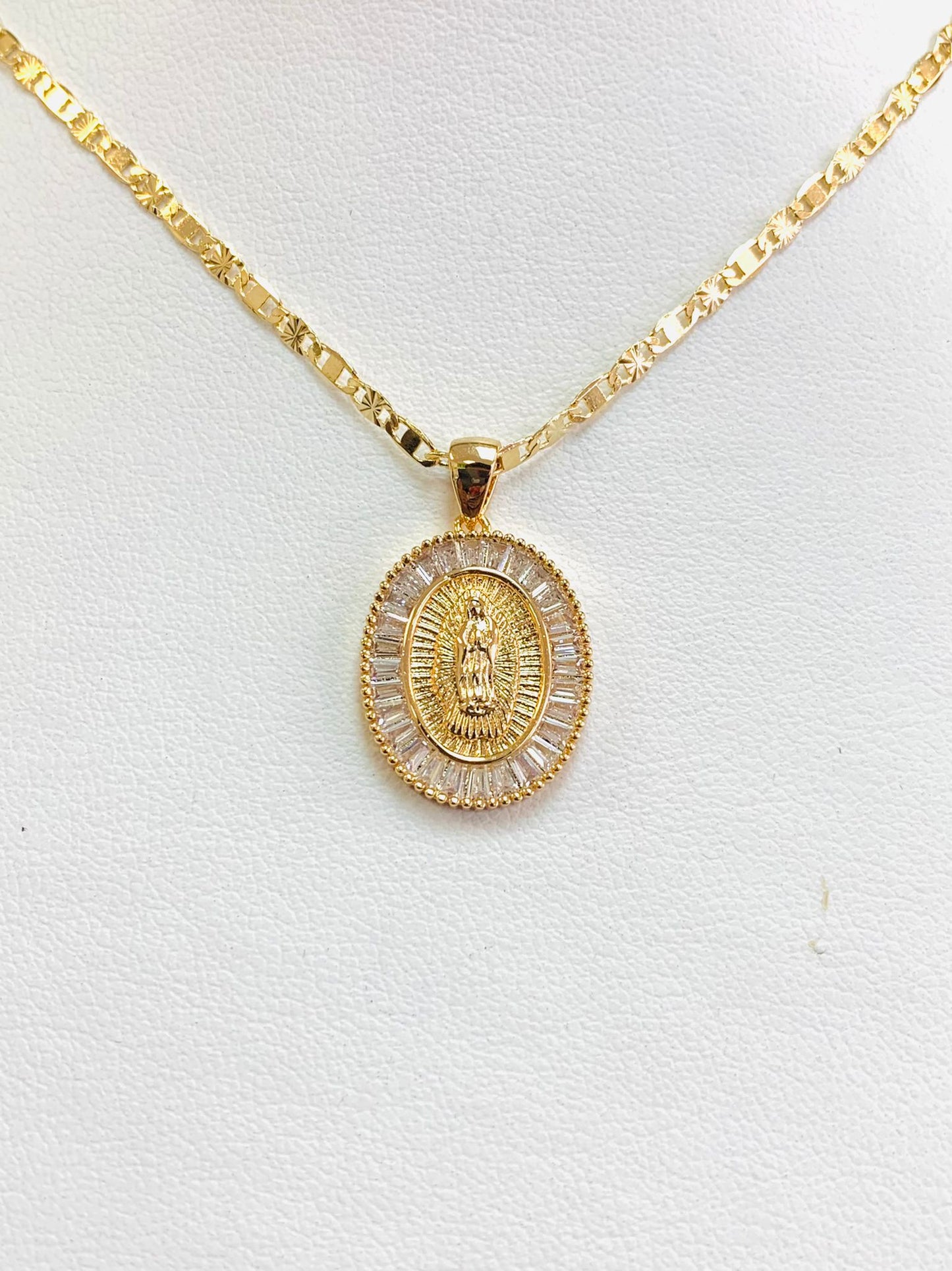 14K Yellow Gold Filled Virgen De Guadalupe Necklace CZ Valentino Chain Womens Gifts