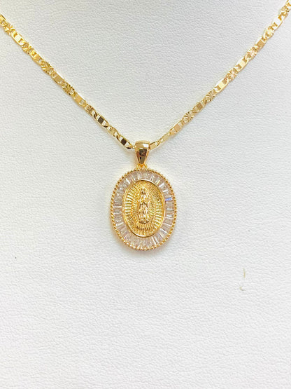 14K Yellow Gold Filled Virgen De Guadalupe Necklace CZ Valentino Chain Womens Gifts