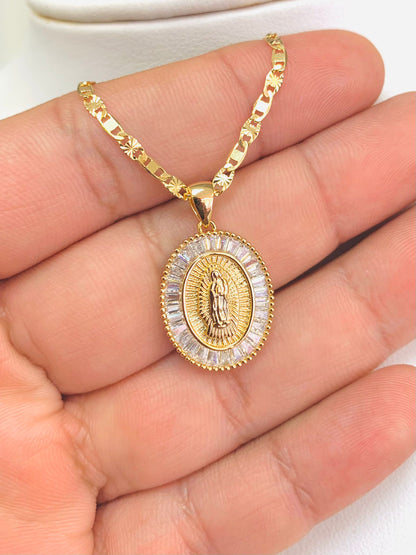 14K Yellow Gold Filled Virgen De Guadalupe Necklace CZ Valentino Chain Womens Gifts