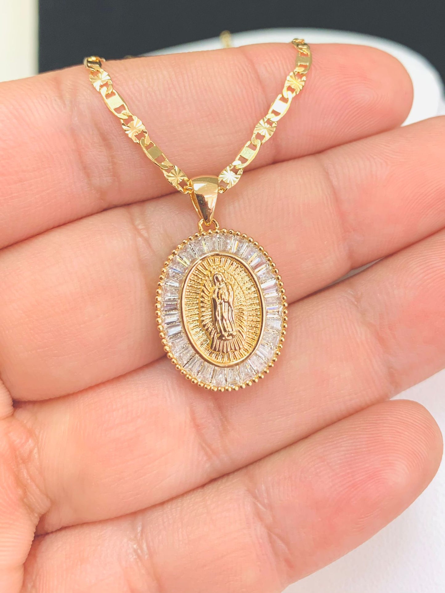 14K Yellow Gold Filled Virgen De Guadalupe Necklace CZ Valentino Chain Womens Gifts