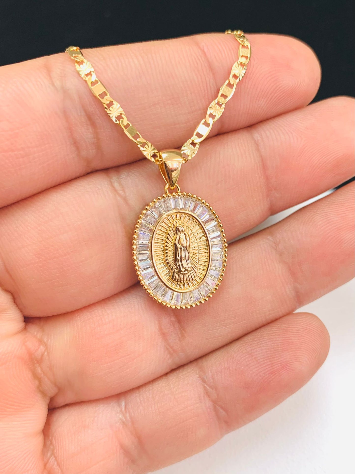 14K Yellow Gold Filled Virgen De Guadalupe Necklace CZ Valentino Chain Womens Gifts