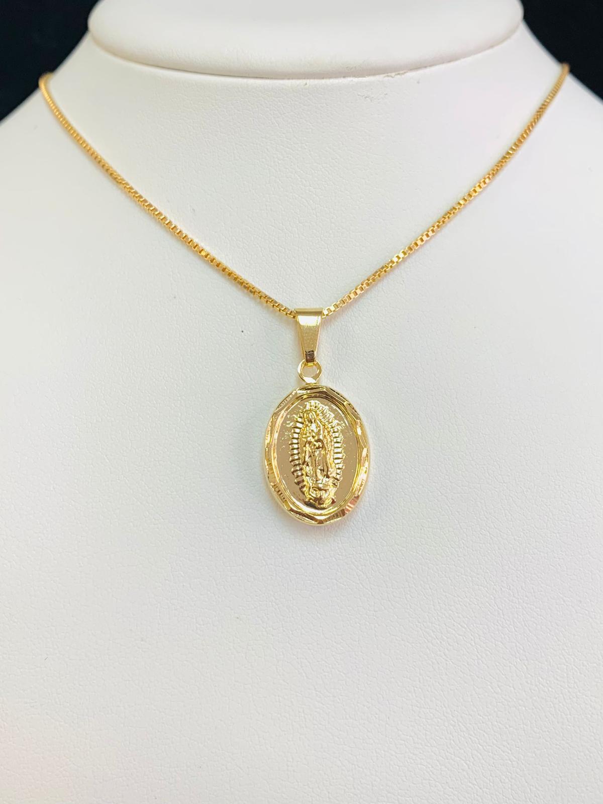 Virgen de Guadalupe Necklace in Gold Filled All Yellow Guadalupe Pendant 20x13mm / Dije de Guadalupe con Cadena Box Link para Mujer y Niños