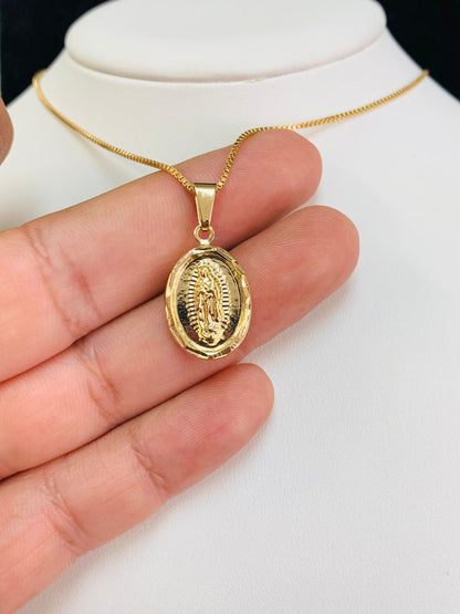 Virgen de Guadalupe Necklace in Gold Filled All Yellow Guadalupe Pendant 20x13mm / Dije de Guadalupe con Cadena Box Link para Mujer y Niños