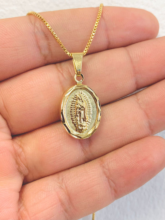 Virgen de Guadalupe Necklace in Gold Filled All Yellow Guadalupe Pendant 20x13mm / Dije de Guadalupe con Cadena Box Link para Mujer y Niños