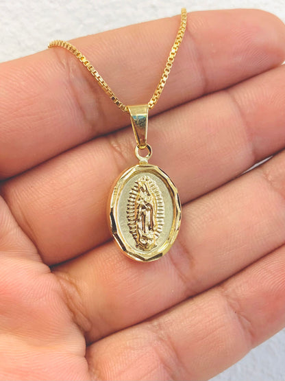 Virgen de Guadalupe Necklace in Gold Filled All Yellow Guadalupe Pendant 20x13mm / Dije de Guadalupe con Cadena Box Link para Mujer y Niños